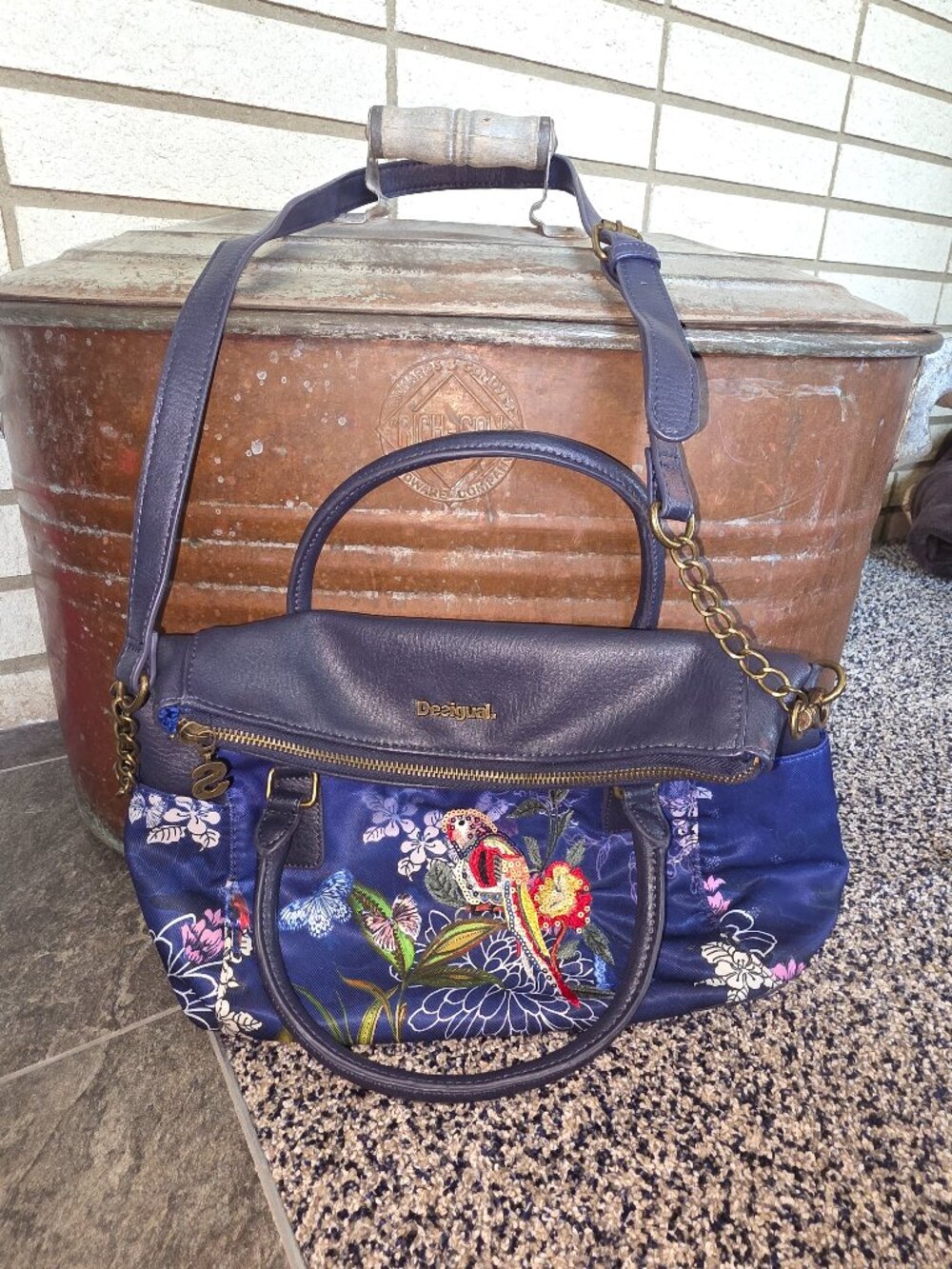 Desigual Birdpalm Loverty Blue Embroidered Sequin Hobo Bag Floral ✨